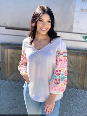 Savanna Jane White Peasant Blouse with Embroidered Sleeves